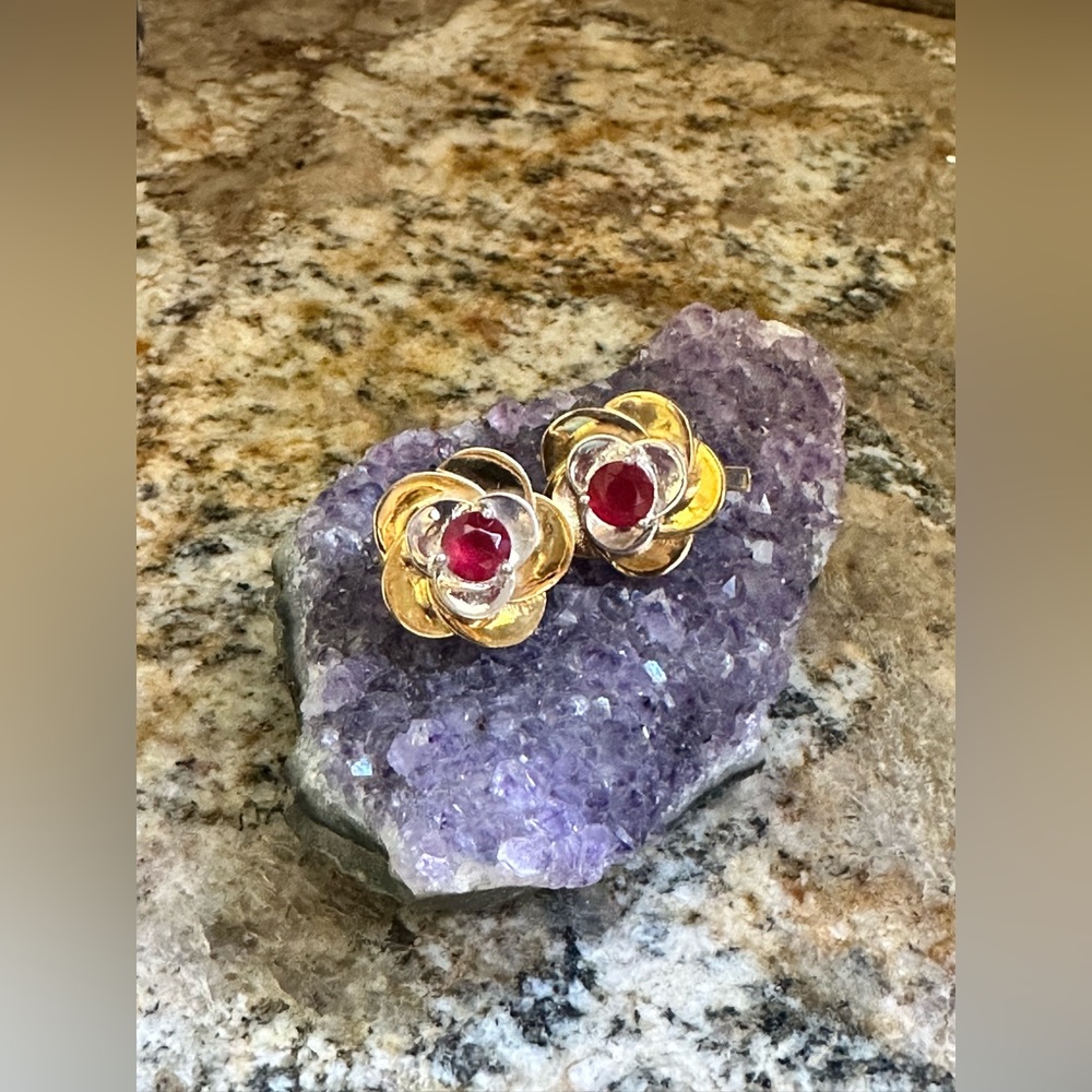 Two Tone Ruby Flower Earrings
